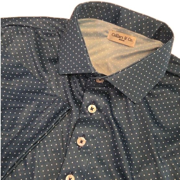 NWOT Collars & Co Men’s M Dress Collar Performance Polo Navy Polka Dot - Picture 1 of 7